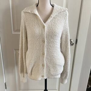 Susina Fuzzy Large Cream button up long sleeved sweater collar Ivory Dove NEW
